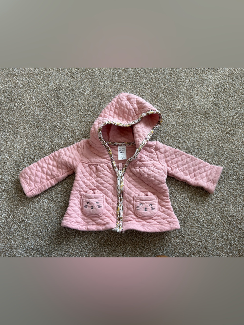 Carter's Quilted Pink Hooded Baby Jacket with Floral Trim